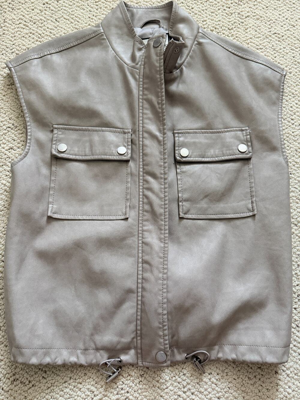 Bagatelle Faux Leather Utility Vest Womens S Taupe Gray Drawstring Hem Cargo